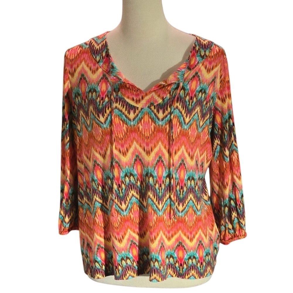 Jones New York Sport 3/4 Sleeve Knit Top Blouse Women Sz L Colorful Lightweight